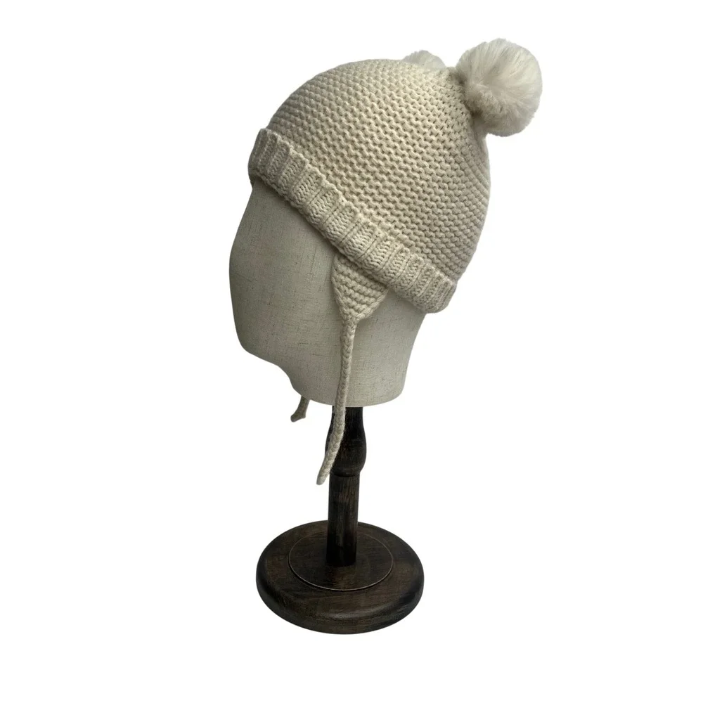 Zara Baby Bear Ear Knit Hat‎ Cream White Pom Pom Winter Toddler